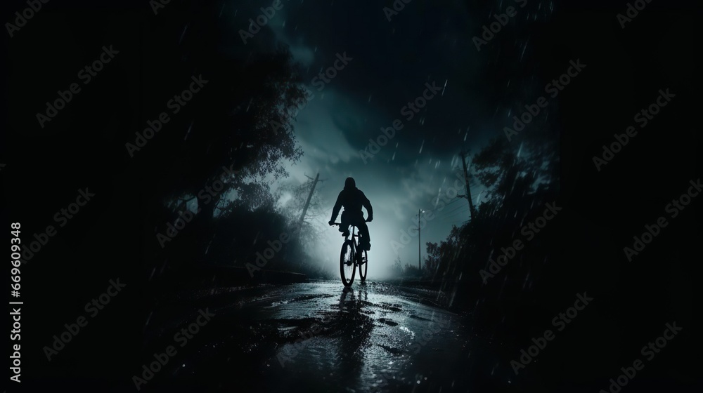 Fototapeta premium man riding a bike down the wet road