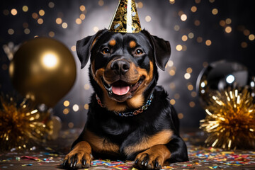 New Years Rottweiler dog holding a gold and glitter party cracker isolated on a white background 