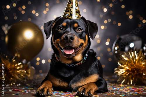 New Years Rottweiler dog holding a gold and glitter party cracker isolated on a white background  photo