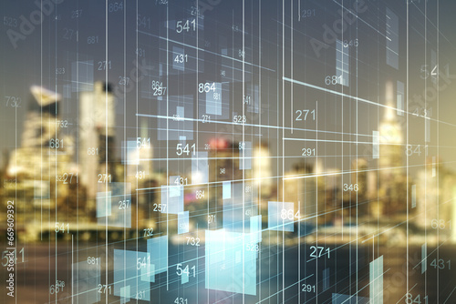 Wallpaper Mural Multi exposure of stats data illustration on blurry skyline background, computing and analytics concept Torontodigital.ca