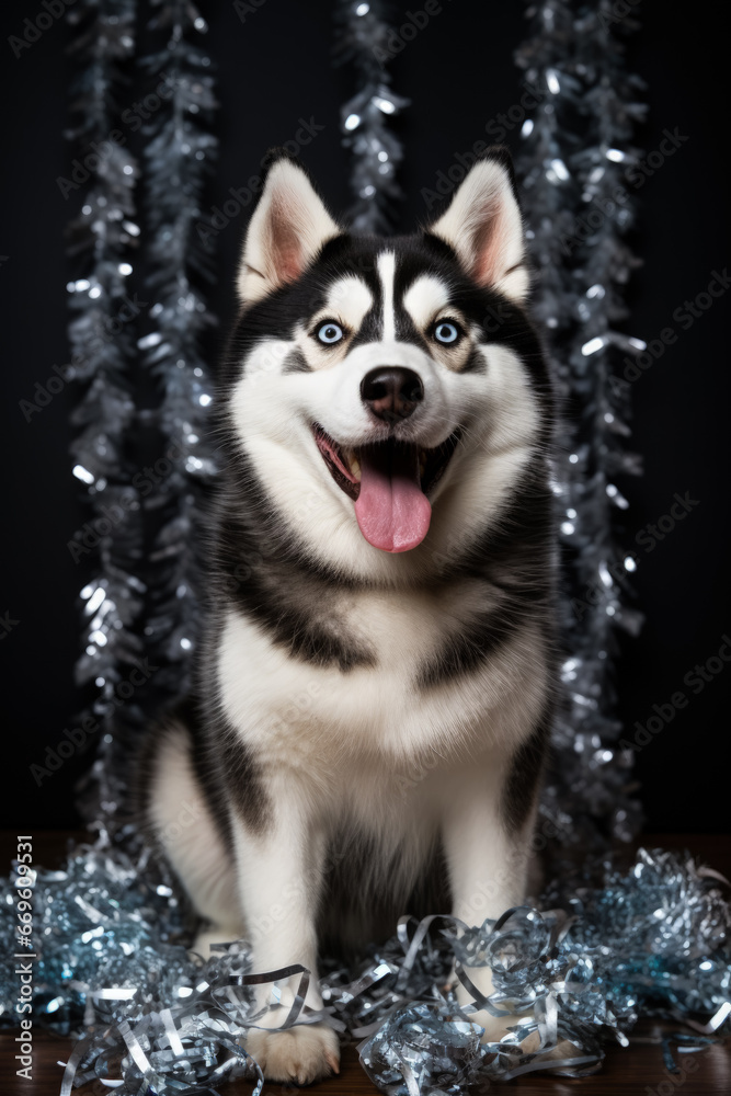 New Years Siberian Husky wrapped in sparkling holiday tinsel isolated on a white background 