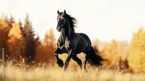 running black horse Warmblood at morning field