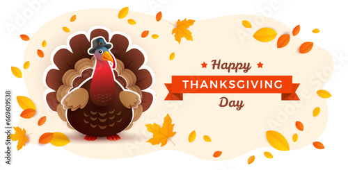 Thanksgiving Day turkey banner with Thanksgiving turkey cartoon cute character, fall foliage, yellow leaves, and Happy Thanksgiving Day lettering. Yellow background. Vector illustration 