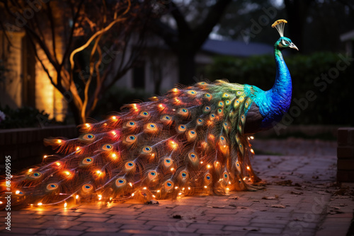 Peacock showcasing spectacular tail lighted with twinkling festive Christmas lights 