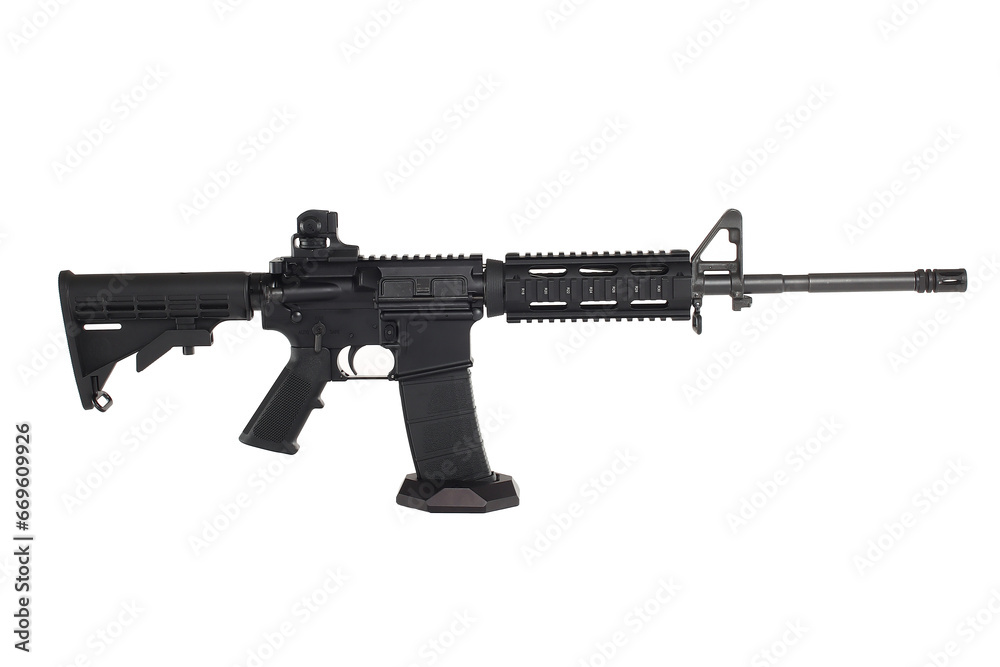 AR15 carbine, modern automatic black rifle isolated on white background. Weapons for police, special forces and the army. AR15 carbine, modern automatic black rifle isolated on white background. Weapons for police, special forces and the army.