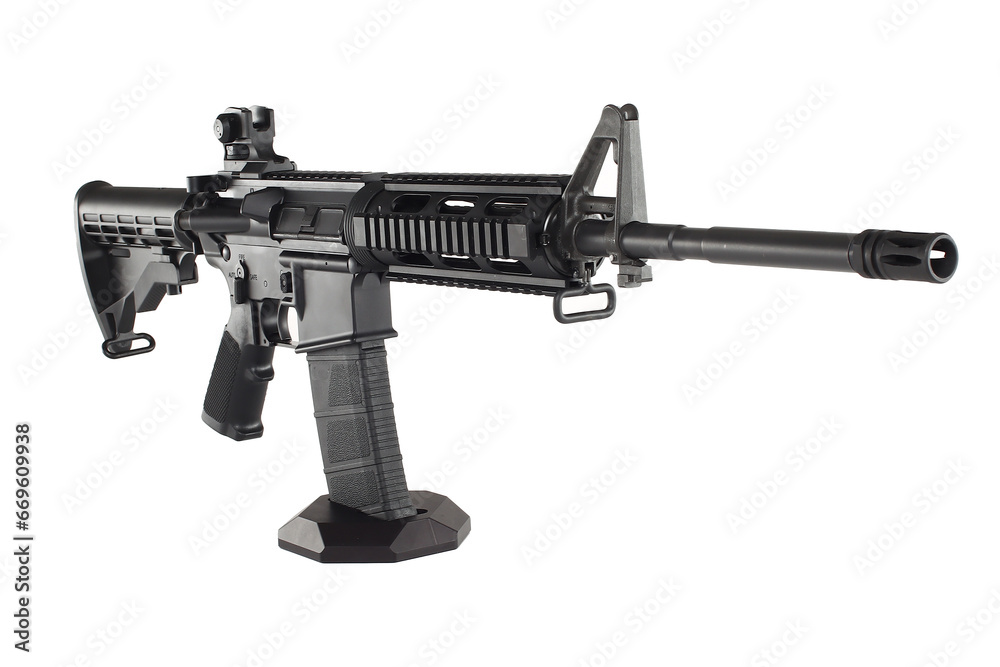 AR15 carbine, modern automatic black rifle isolated on white background. Weapons for police, special forces and the army. AR15 carbine, modern automatic black rifle isolated on white background. Weapons for police, special forces and the army.