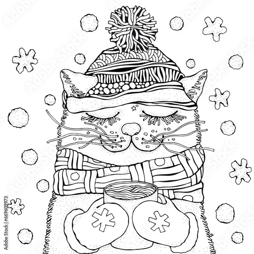 Cute Сat in hat and Snow. Christmas, New Year. Black and White Adult Coloring Book Page. Doodle.
