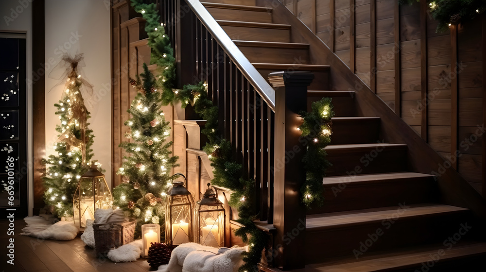 Obraz premium Christmas Decorations in the House with Wooden Stairs, Christmas Atmosphere, High-Quality 4K