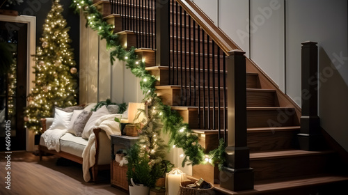 Christmas Decorations in the House with Wooden Stairs, Christmas Atmosphere, High-Quality 4K © Savvy Virtu Studios