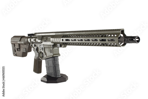 AR10 carbine, modern automatic black rifle isolated on white background. Weapons for police, special forces and the army. photo