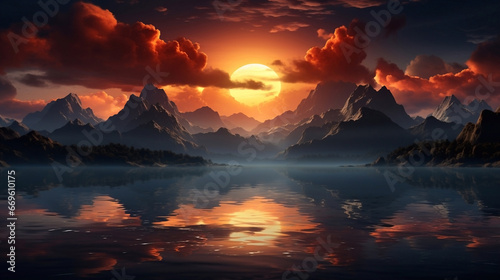Illustration of a sunset over a lake and mountains. Wallpaper, background.