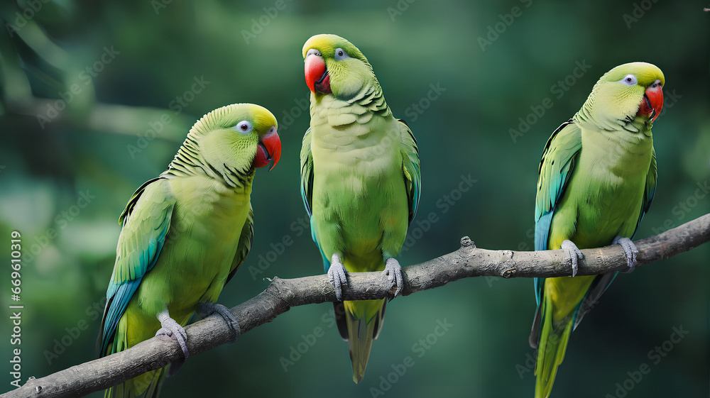 Obraz premium Colorful parrots on a branch. Generative AI.