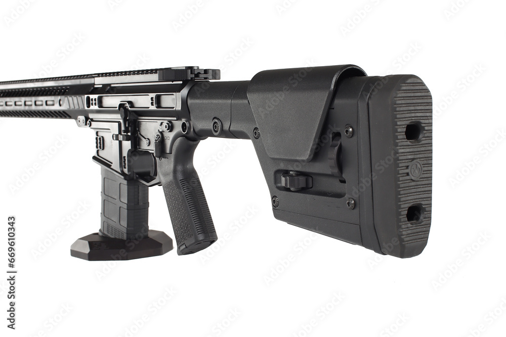 AR10 carbine, modern automatic black rifle isolated on white background. Weapons for police, special forces and the army. AR10 carbine, modern automatic black rifle isolated on white background. Weapons for police, special forces and the army.