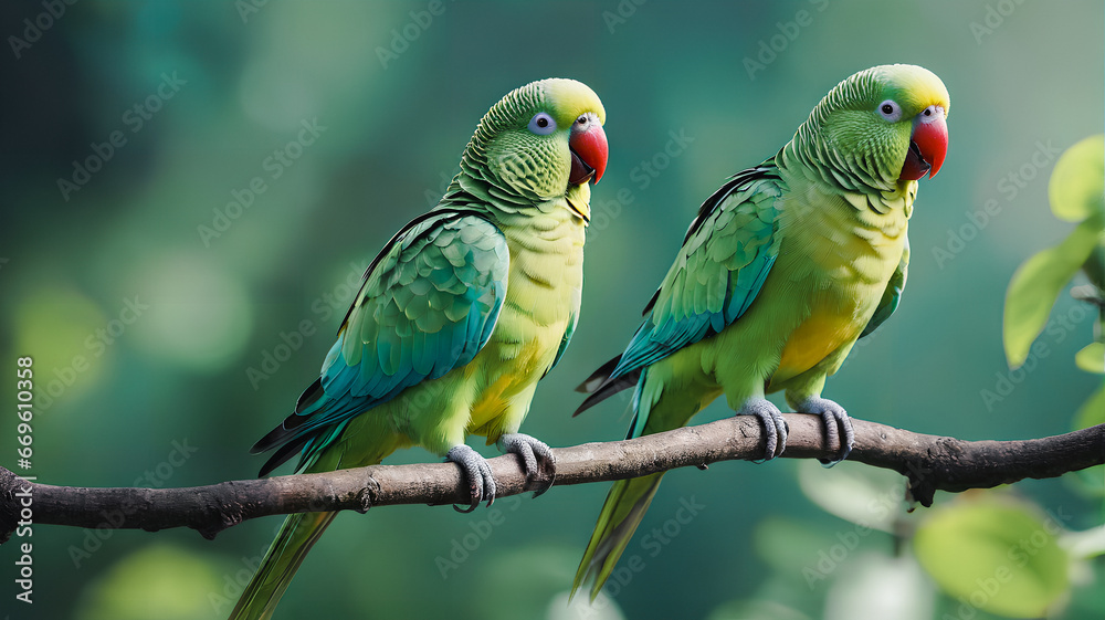 Obraz premium Colorful parrots on a branch. Generative AI.