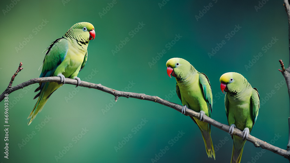 Obraz premium Colorful parrots on a branch. Generative AI.