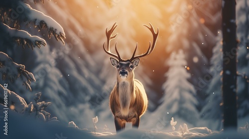 A reindeer in the thicket of a winter forest looks into the camera.