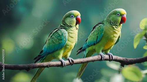 Colorful parrots on a branch. Generative AI.