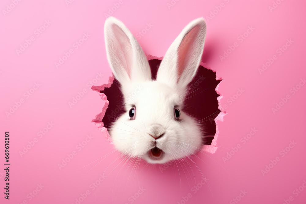 Obraz premium cute rabbit peeking out of hole in pink wall, generative ai