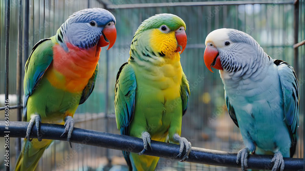 Obraz premium Colorful parrots on a branch. Generative AI.