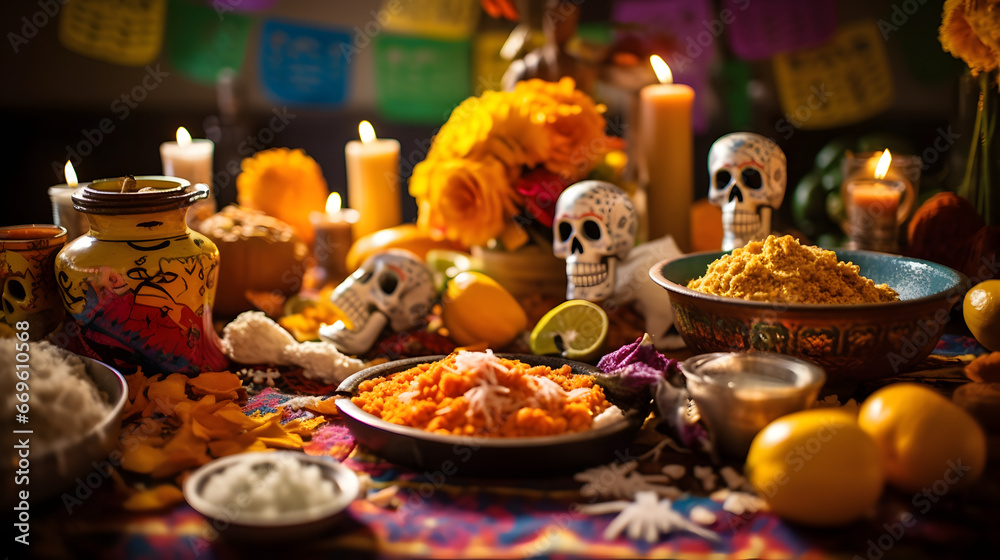 Authentic Day of the Dead altar with vibrant marigolds, painted skulls, traditional pottery, and festive foods lit by candles