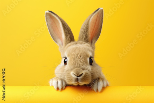 cute rabbit peeking over yellow wall, generative ai © AIGen