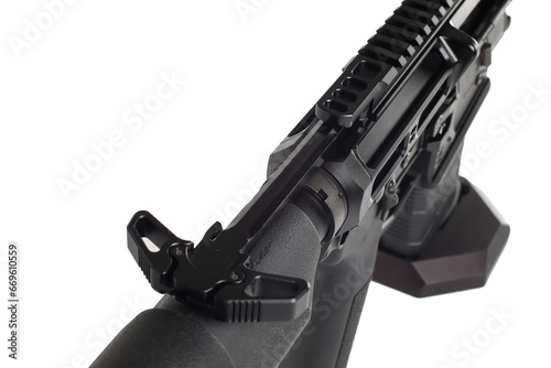 AR10 carbine, modern automatic black rifle isolated on white background. Weapons for police, special forces and the army. photo