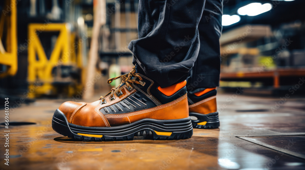 Fototapeta premium Close-up safety working shoe on a worker feet is standing at the factory, ready for working in danger workplace concept. Industrial working scene and safety equipment.