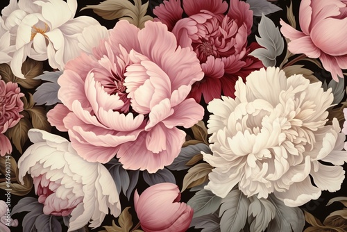 Artistic depiction of beautiful peonies in a decorative floral pattern. Generative AI