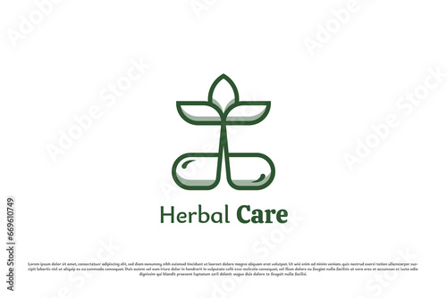 Herbal pill logo design illustration. Silhouette line art herbal tablet medicine local traditional health wellness medical care natural herbal pharmacy clinic. Modern simple minimalist concept icon.