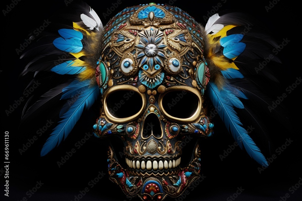 Skull adorned with vibrant feathers and decorated with gems. Generative AI