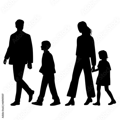 Vector silhouettes of family, man, woman, boy and girl walking, profile, people, black color,  isolated on white background