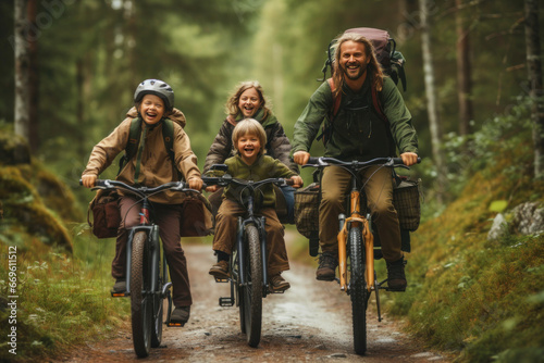 Sustainable travel. Environmentalist family riding a bike together in the forest. © Alfonso Soler