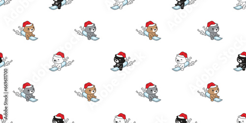 bear polar seamless pattern Christmas Santa Claus hat snowboard snowflake vector pet doodle cartoon extreme sport gift wrapping paper tile background repeat wallpaper illustration scarf isolated desig