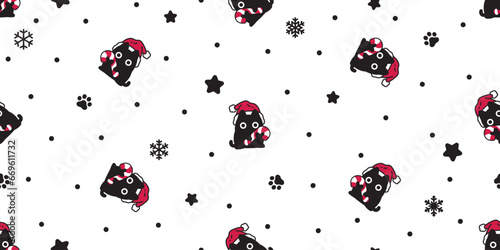 cat seamless pattern Christmas Santa Claus hat candy cane munchkin kitten calico neko vector pet doodle cartoon tile background gift wrapping paper repeat wallpaper illustration scarf isolated design