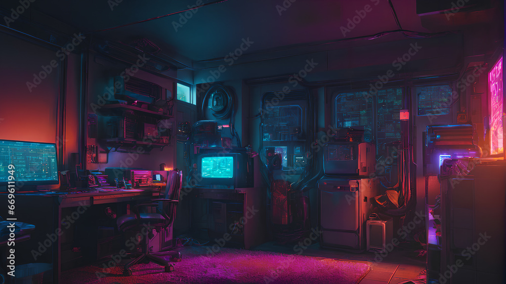Cyberpunk room in neon colors. Generative AI. Cyberpunk room in neon colors. Generative AI.