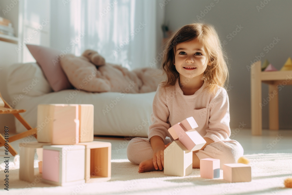 a little girl playing with wooden cubes in her nursery,delicate pastel colors, a little girl playing with wooden cubes in her nursery,delicate pastel colors,