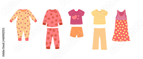 Cartoon Color Different Girl Pajamas Set Sleepwear or Nightwear Concept Flat Design Style. Vector illustration of Pajama