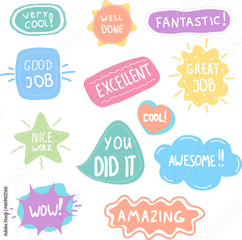 Cartoon Color Different Great Stickers School and Job Set Concept Flat Design Style. Vector illustration of Well Done Sign Sticker Label
