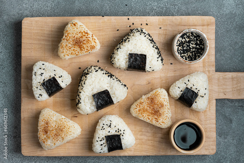 Onigiri set, traditional japanese food, top view photo