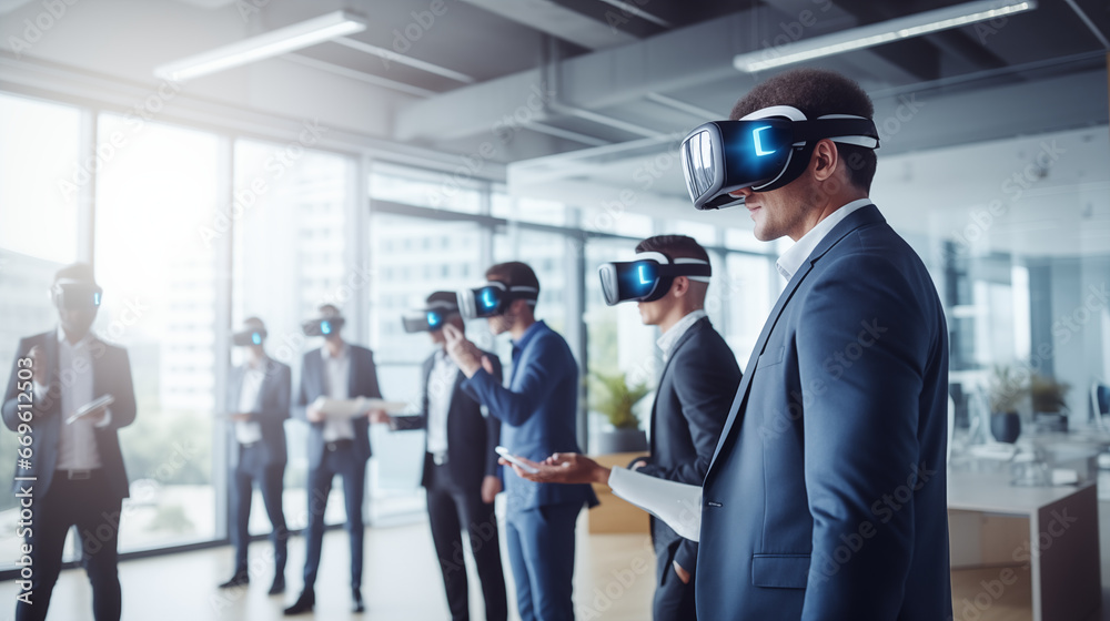 An office interior with employees using virtual reality (VR) headsets, business technology background, blurred background, with copy space An office interior with employees using virtual reality (VR) headsets, business technology background, blurred background, with copy space