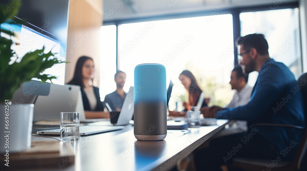 Employees interacting with voice-activated AI assistants in a coworking space, business technology background, blurred background, with copy space