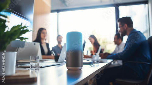 Employees interacting with voice-activated AI assistants in a coworking space, business technology background, blurred background, with copy space