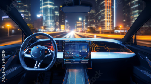 A futuristic smart car dashboard with integrated business tools and apps, business technology background, blurred background, with copy space