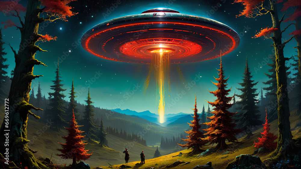 Colorful flying saucer spotted in the sky. UFO. Generative AI. Colorful flying saucer spotted in the sky. UFO. Generative AI.
