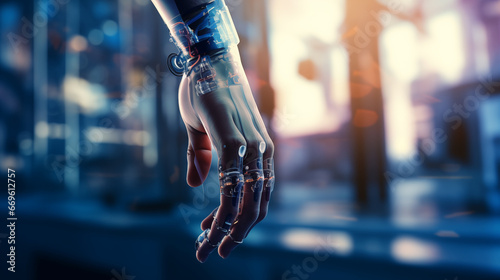 Advanced prosthetic limbs with embedded sensors and tech, health tech background, blurred background, with copy space