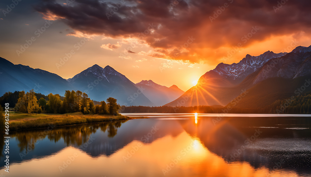 vivid sunset over a placid lake, the water glistening with colourful reflections, sunrise over the mountains and lake