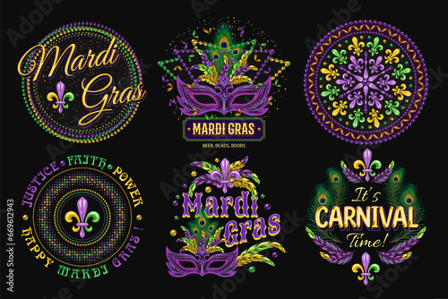 Set of 6 colorful labels with text for carnival Mardi Gras decoration in vintage style on black background. For prints, clothing, t shirt, holiday goods, stuff, surface design.