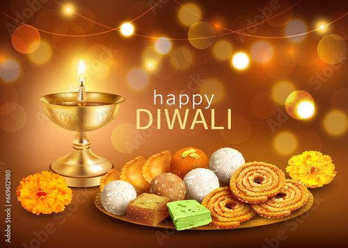 Diwali greeting background with golden diya (oil lamp) and traditional sweets – laddu, gujiya, halwa, barfi. Vector illustration.