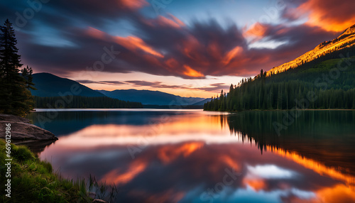 vivid sunset over a placid lake, the water glistening with colourful reflections, sunrise over the mountains and lake