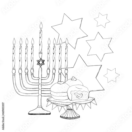 Vector hand drawn Hanukkah symbols with menorah, candles, stars of David and donuts black and white ink illustration